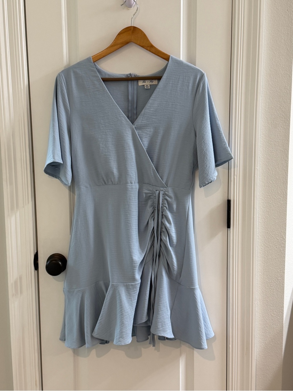She + Sky Powder Blue V‑Neck Ruched Drawstring Mini Dress